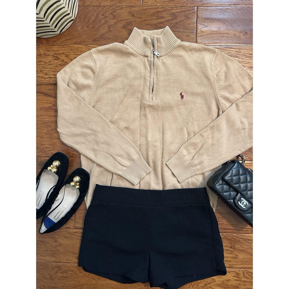 Polo Ralph Lauren Unisex XL Tan Camel 100% Cotton 1/4 Zip Sweater Red Pony Logo